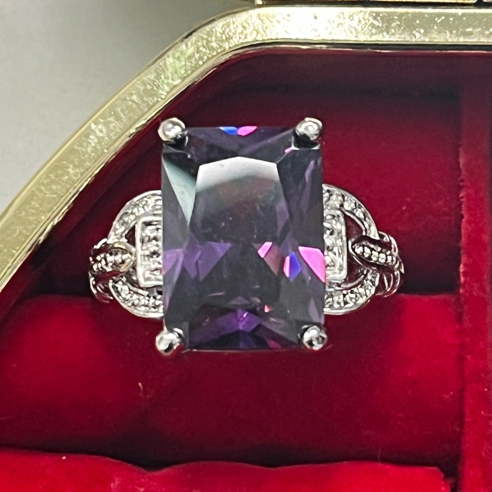 Silver Color Band, Simulated Amethyst Ring